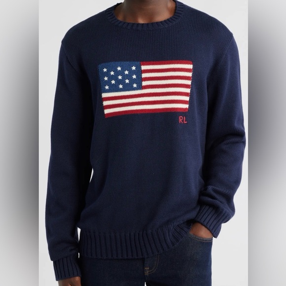 Vintage Polo Ralph Lauren Intarsia Flag Cotton Crewneck Sweater Navy size M
